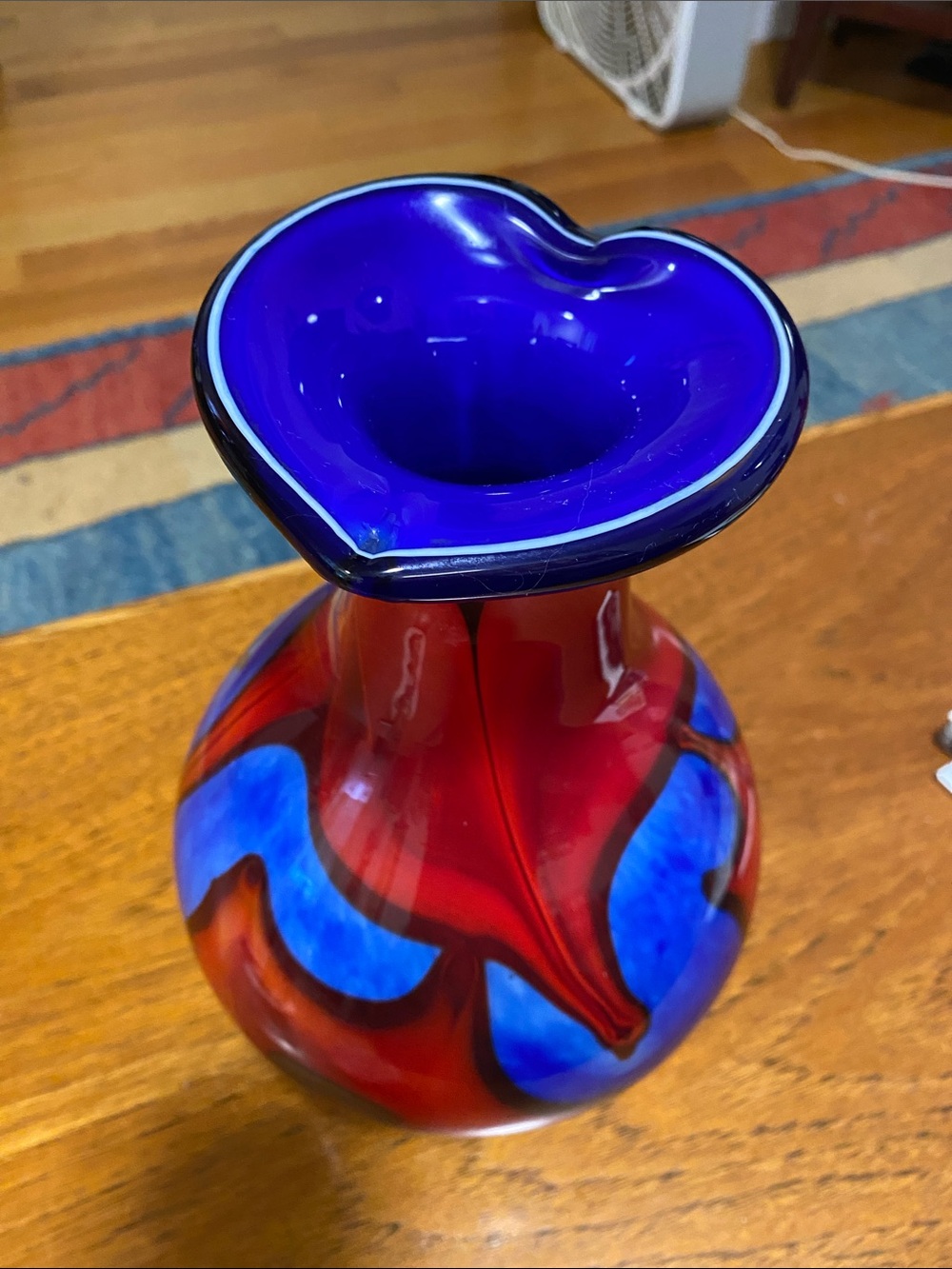 Mid century Handblown Red and Cobalt Blue Art Glass Vase